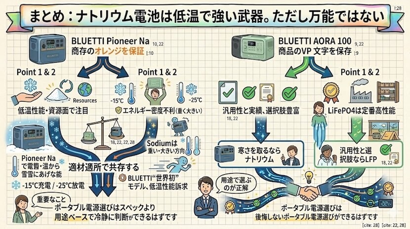 まとめ：ナトリウム電池は低温で強い武器。ただし万能ではない