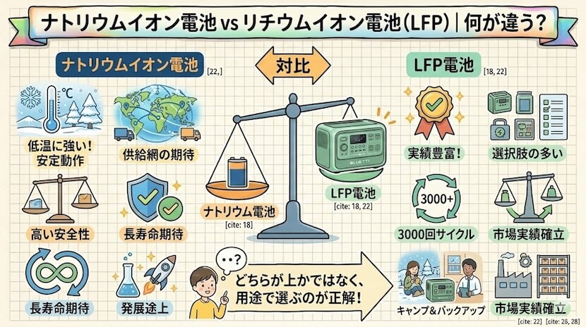 ナトリウムイオン電池 vs リチウムイオン電池（LFP）｜何が違う？