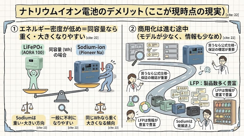 ナトリウムイオン電池のデメリット（ここが現時点の現実）