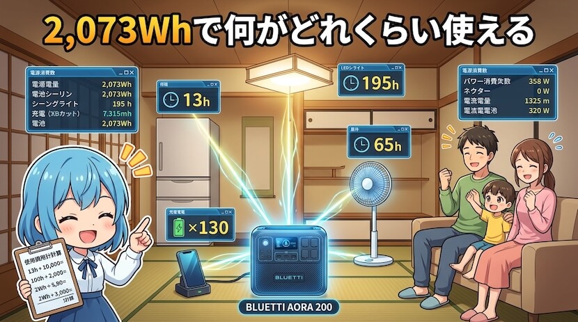 2,073Whで何がどれくらい使える?