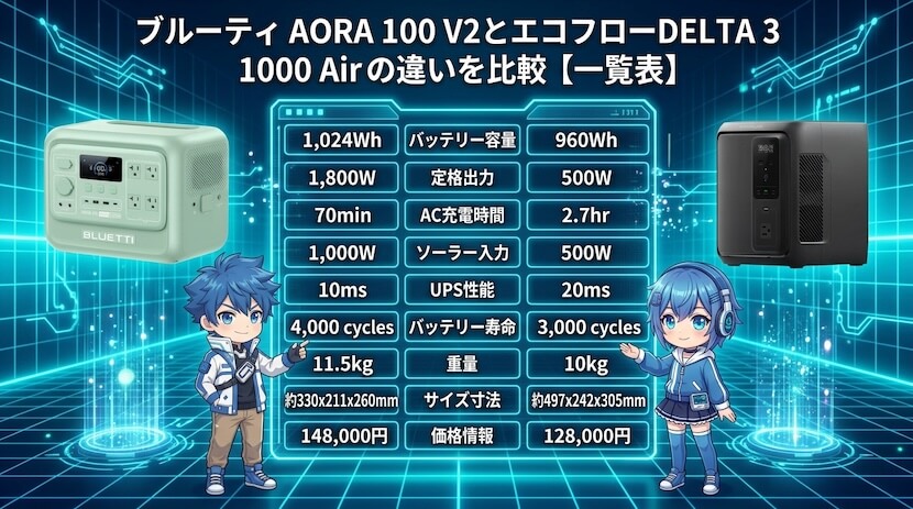 ブルーティ AORA 100 V2とエコフロー DELTA 3 1000 Airの違いを比較【一覧表】