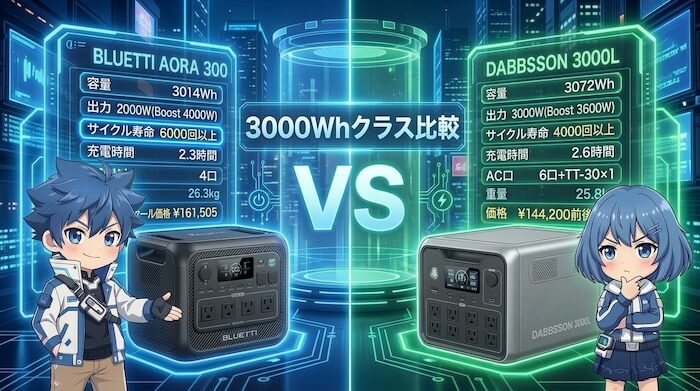 【3000Whクラス】AORA 300 vs 3000L:超大容量モデル比較