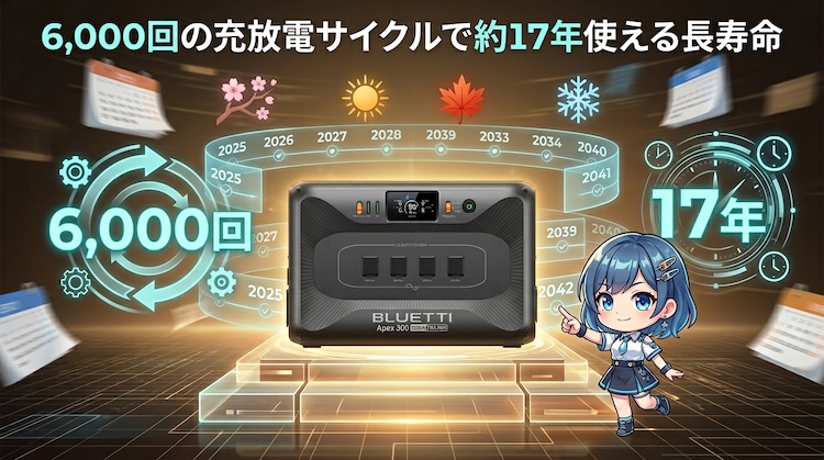 6,000回の充放電サイクルで約17年使える長寿命