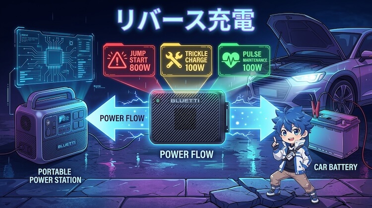 ② リバース充電(逆充電) 対応|最大800W出力でサポート可能