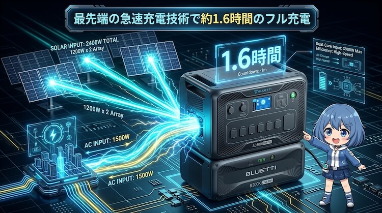 最先端の急速充電技術で約1.6時間のフル充電