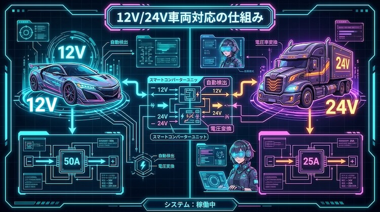 12V / 24V車両で使いやすい設計