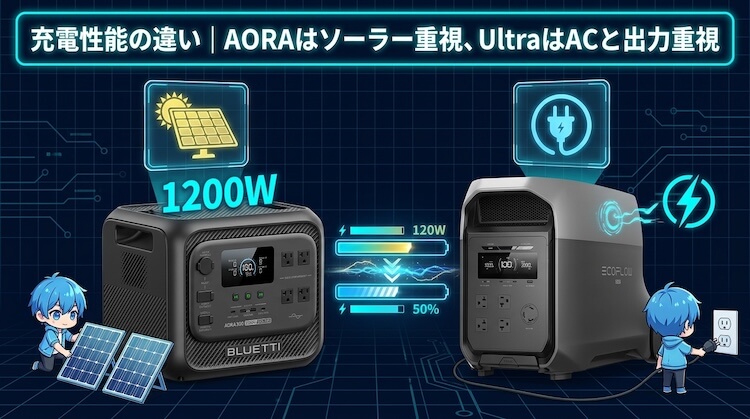 充電性能の違い|AORAはソーラー重視、UltraはACと出力重視