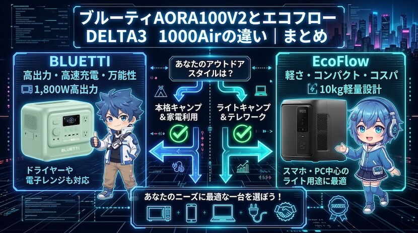 ブルーティAORA100V2とエコフローDELTA3 1000Airの違い|まとめ