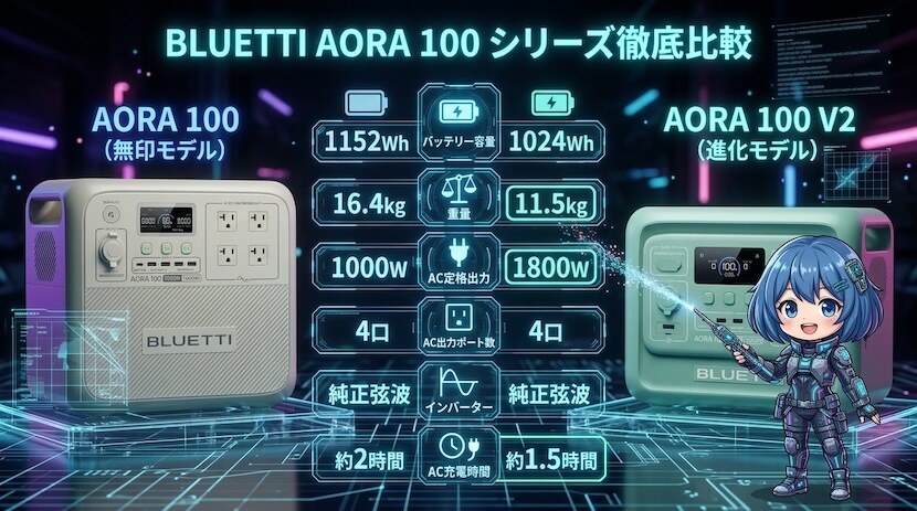 BLUETTI AORA 100とAORA 100 V2のスペック比較一覧