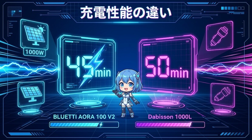 充電性能の違い｜AORA 100 V2は高速充電・1000Lはバランス型