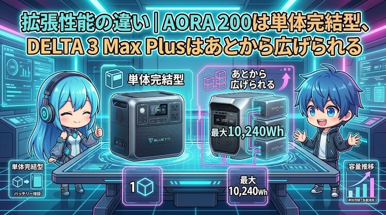 拡張性能の違い｜AORA 200は単体完結型、DELTA 3 Max Plusはあとから広げられる