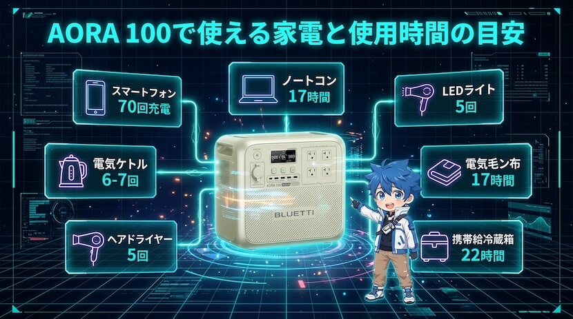 AORA 100で使える家電と使用時間の目安