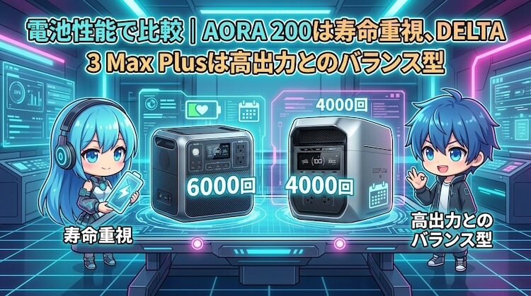 電池性能で比較｜AORA 200は寿命重視、DELTA 3 Max Plusは高出力とのバランス型