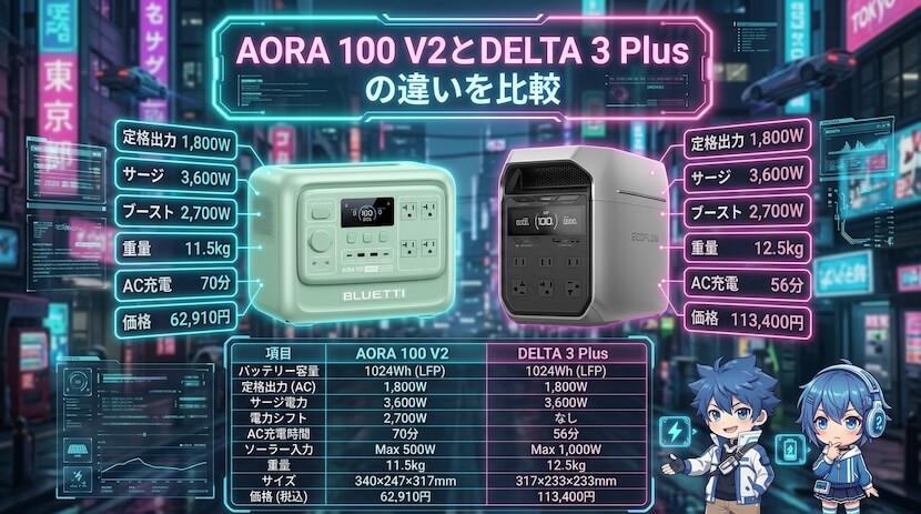 AORA 100 V2とDELTA 3 Plusの違いを比較【一覧表】