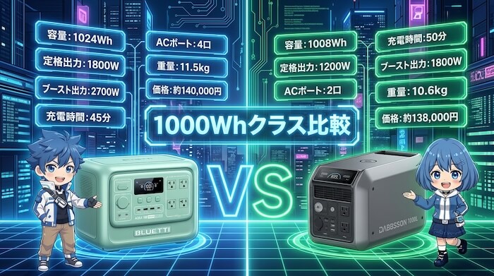 【1000Whクラス】AORA 100 V2 vs 1000L:中容量モデル比較