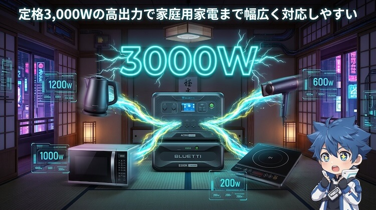 定格3,000Wの高出力で家庭用家電まで幅広く対応しやすい