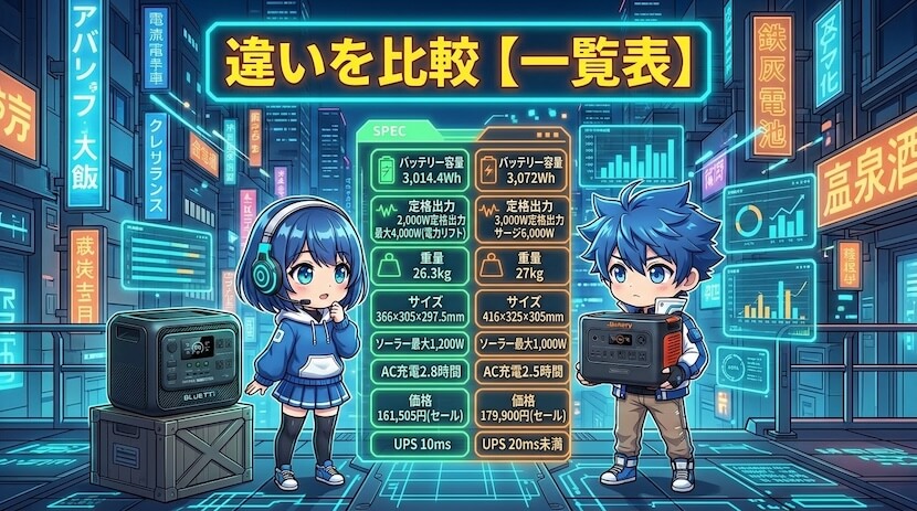 BLUETTI AORA 300とJackery 3000 Newの違いを比較【一覧表】