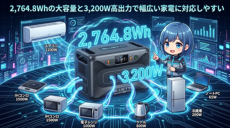 2,764.8Whで何がどのくらい使える？家電別使用時間一覧