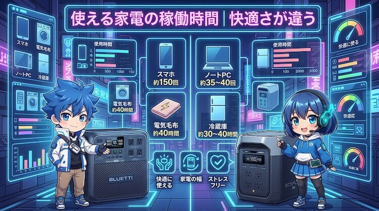 使える家電の稼働時間｜差が出るのは“時間”ではなく“快適さ”