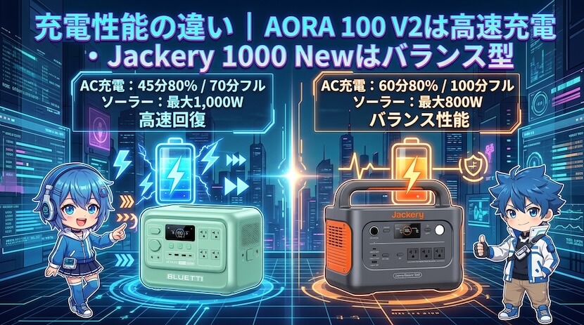 充電性能の違い｜AORA 100 V2は高速充電・Jackery 1000 Newはバランス型