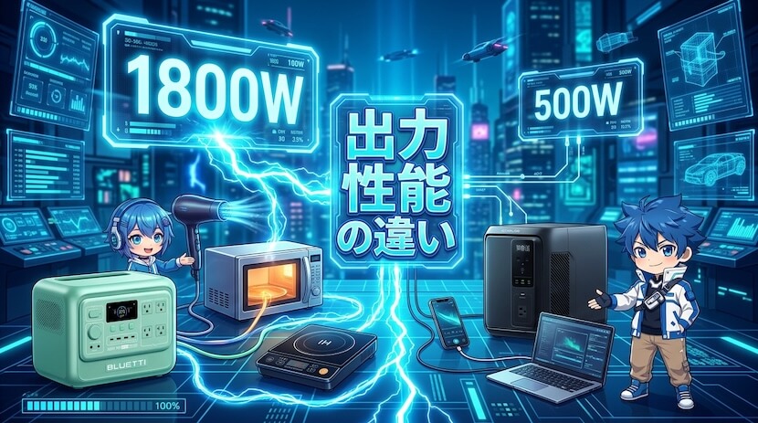 出力性能の違い|AORA 100 V2は1800W、DELTA 3 1000 Airは500W
