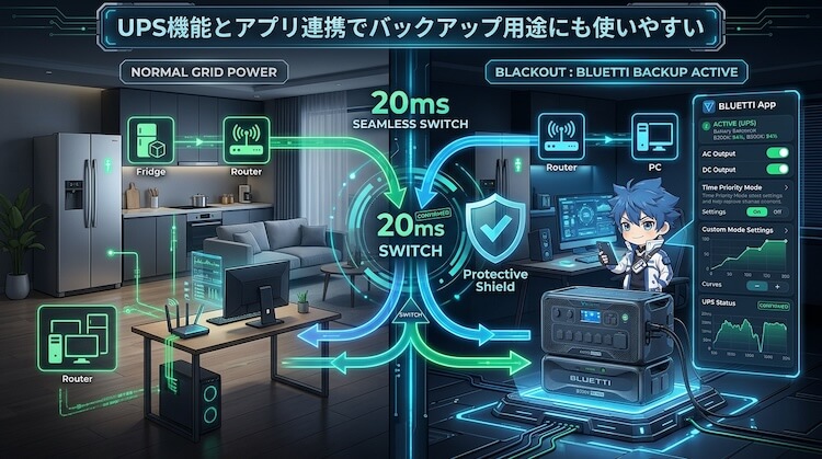 UPS機能とアプリ連携でバックアップ用途にも使いやすい