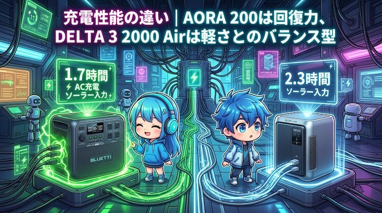 充電性能の違い|AORA 200は回復力、DELTA 3 2000 Airは軽さとのバランス型