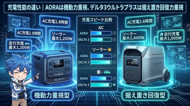 充電性能の違い|AORAは機動力重視、デルタ3ウルトラプラスは据え置き回復力重視