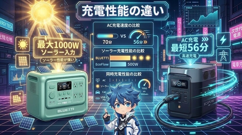 充電性能の違い｜DELTA 3は高速充電・AORAはソーラー性能が強い