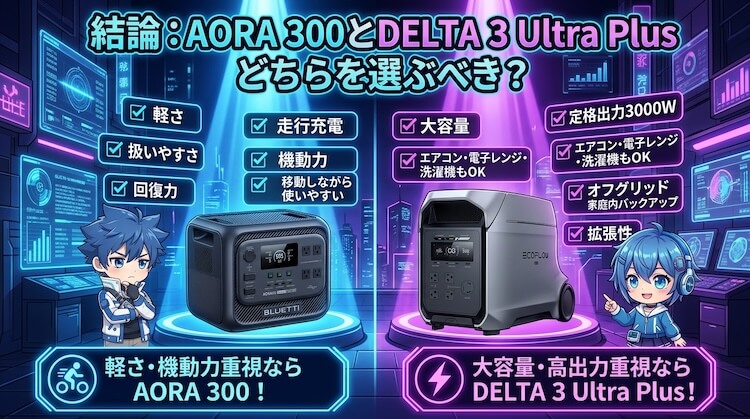 まず結論として、AORA 300とDELTA 3 Ultra Plus どちらを選ぶべきか?