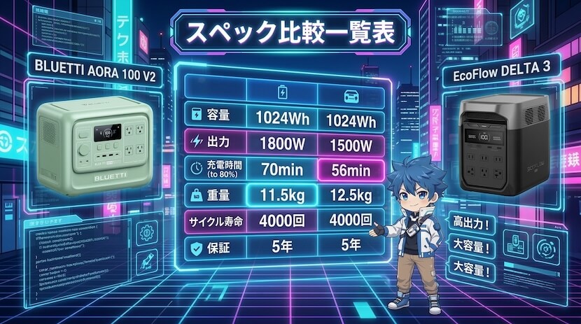 ブルーティ AORA 100 V2とエコフロー DELTA 3の違いを比較【一覧表】