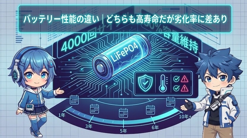 バッテリー性能の違い｜どちらも高寿命だが劣化率に差あり
