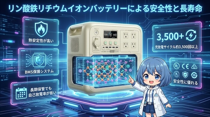 リン酸鉄リチウムイオンバッテリーによる安全性と長寿命