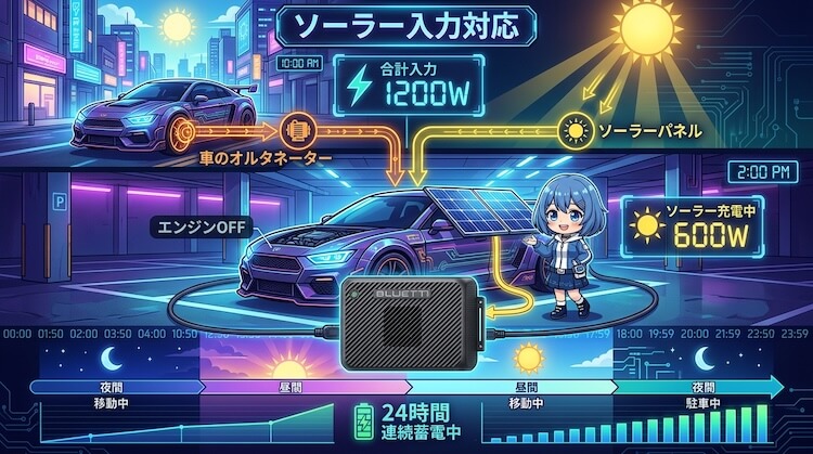 ③ ソーラー入力対応 — 停車中も充電をつなげやすい