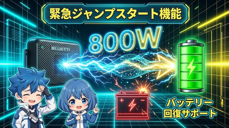 緊急ジャンプスタート機能（800W）で万が一に備えやすい