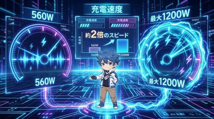違い①｜充電速度と最大出力（560W vs 最大1200W）