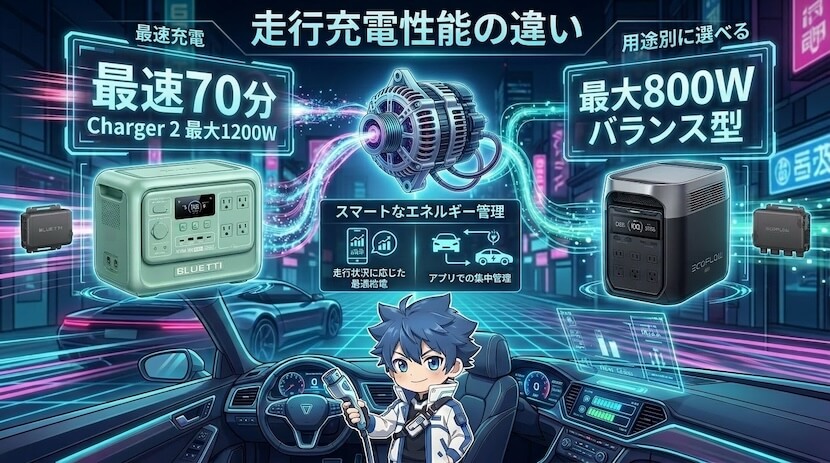 走行充電性能の違い｜AORAは最速70分、DELTA 3はバランス型