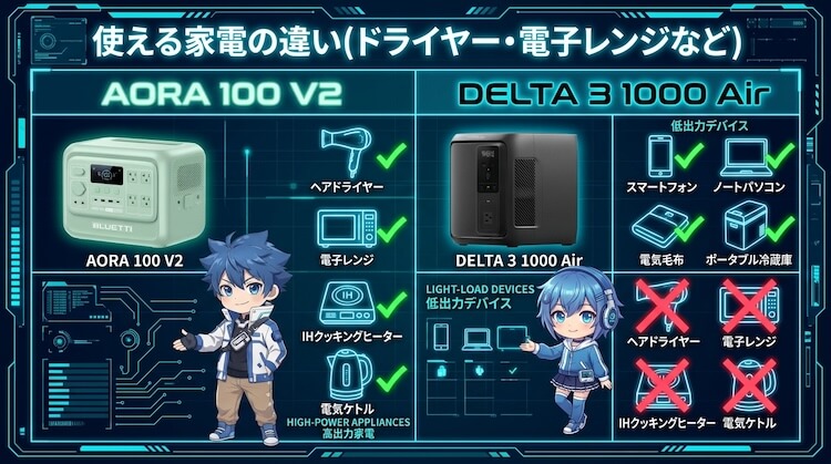 使える家電の違い(ドライヤー・電子レンジなど)