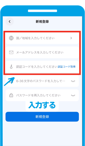 国/地域・メールアドレスを入力