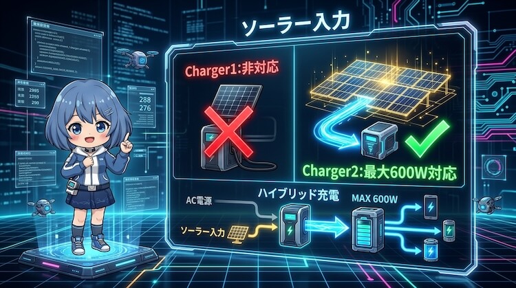違い②｜ソーラー入力の有無（Charger2だけのハイブリッド充電）