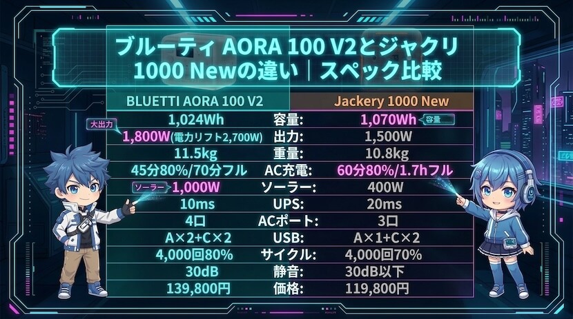 ブルーティ AORA 100 V2とジャクリ 1000 Newの違い｜スペック比較