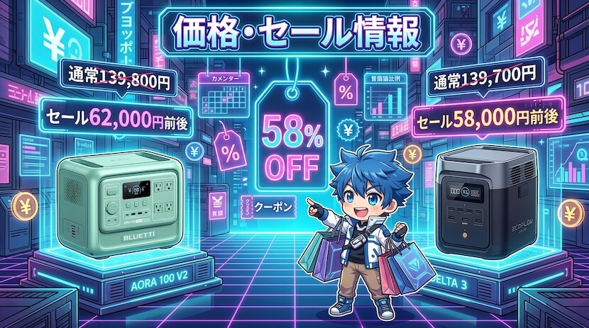 ブルーティ AORA 100 V2とエコフロー DELTA 3の価格・セール情報