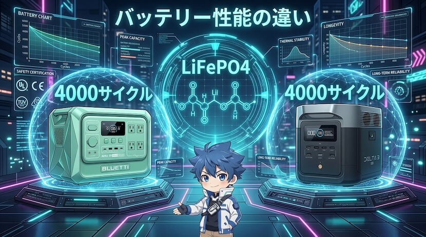 バッテリー性能の違い｜どちらもリン酸鉄で長寿命