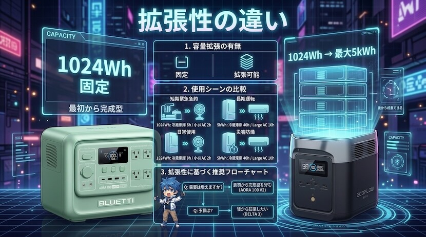 拡張性の違い｜DELTA 3は最大5kWh、AORAは非対応