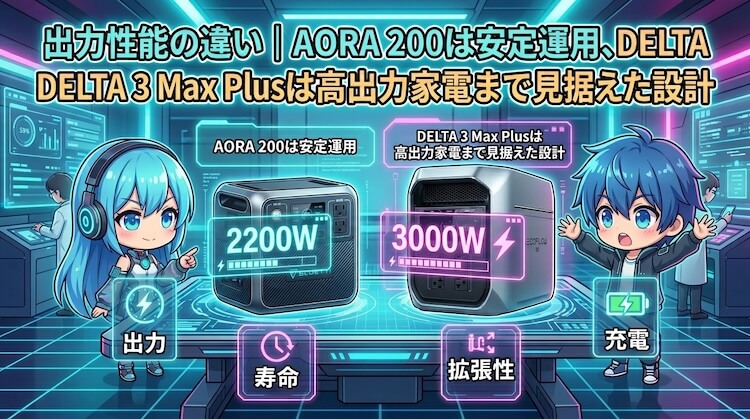 出力性能の違い｜AORA 200は安定運用、DELTA 3 Max Plusは高出力家電まで見据えた設計