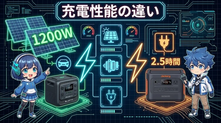 充電性能の違い｜AORAはソーラー重視、JackeryはAC重視c