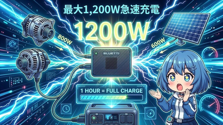 ① 最大1,200Wハイブリッド急速充電 — 走行中の回復力が大きく変わる