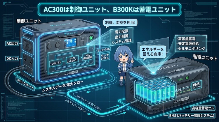 AC300は制御ユニット、B300Kは蓄電ユニット