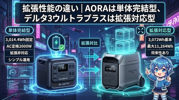 拡張性能の違い|AORAは単体完結型、デルタ3ウルトラプラスは拡張対応型