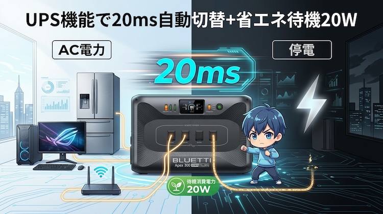 UPS機能で20ms自動切替＋省エネ待機20W